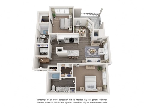 Floor plan for 2 beds, 2 baths, 1233 sqft